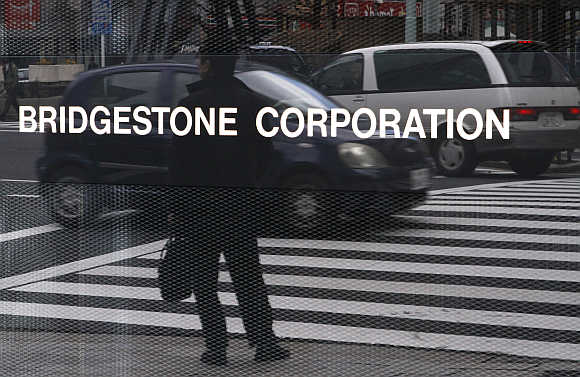 A signboard of Bridgestone Corp at the company's headquarters in Tokyo.