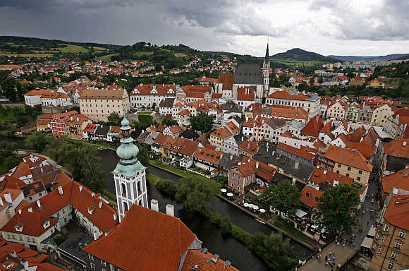 A view from the Castle tower shows the medieval city of Cesky Krumlov, 160km south from Prague.