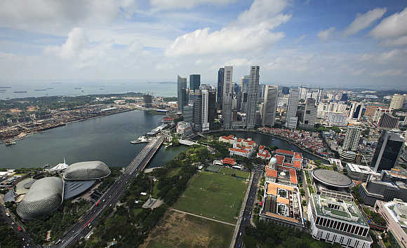 A view shows the skyline of Singapore's financial district.