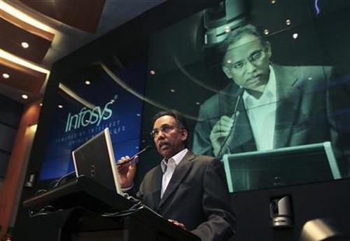 S.D. Shibulal, chief executive officer of Infosys, speaks during the announcement of the company's quarterly financial results at their headquarters in Bangalore