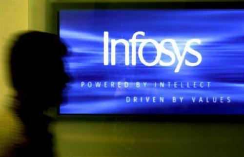 A man walks past a billboard of Infosys