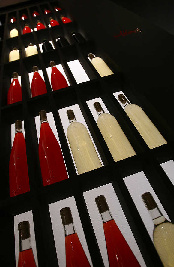 Bottles of wine are displayed in Barcelona, Spain.