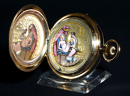 A fine, hunting-cased, keyless, minute-repeating, 14K rose gold pocket watch with concealed erotic automaton.