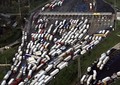 An aerial view of trucks in Italy.