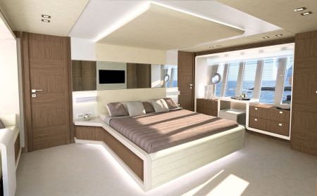 The VIP cabin is placed in the bow and has windows with opening portholes on either side.