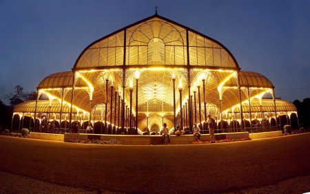 Lal Bagh Glass House at night in Bangalore.