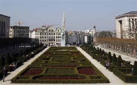 A general view shows the Brussels City Hall as seen from the Mont des Arts