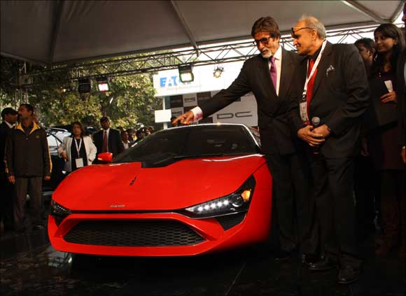 Amitabh Bachchan and Dilip Chhabria with DC Design's supercar, Avanti.