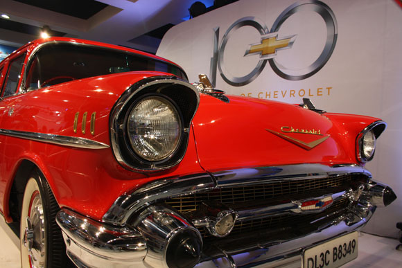 The Chevy Chrysler greets you at the entrance of the Chrvrolet Hall at the Auto Expo.
