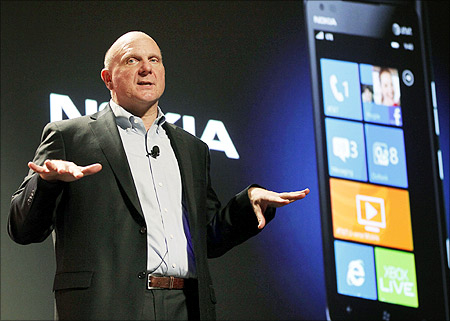 Microsoft CEO Steve Ballmer speaks about the Nokia Lumia 900 smartphone in Las Vegas.