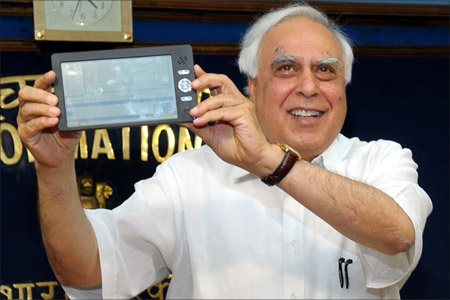 HRD Minister Kapil Sibal with the Aakash tablet.