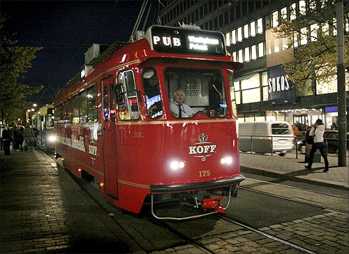 A tram which has been converted into a rolling pub.