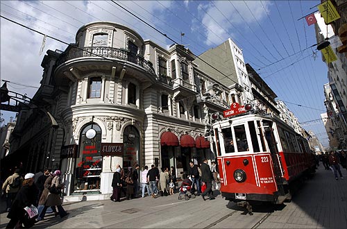 A tram is seen on Istiklal Caddesi.