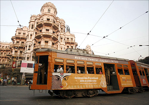A tram runs in Kolkata.
