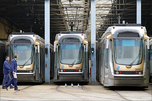 Trams parked at a depot in Brussels.