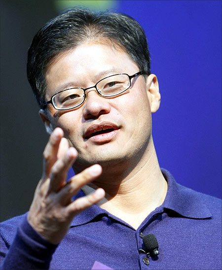 Jerry Yang speaks at a keynote address at the Consumer Electronics Show (CES) in Las Vegas.