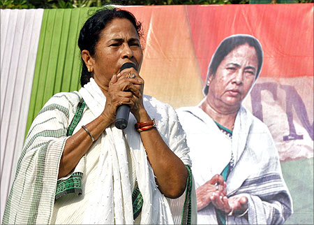 Banerjee addresses her supporters during an election campaign rally.