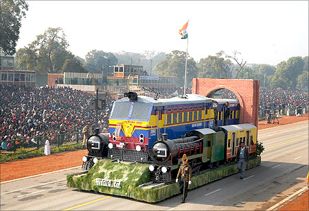 Tableau of Ministry of Railways passes through the Rajpath during the full dress rehearsal for the Republic Day Parade-2012.