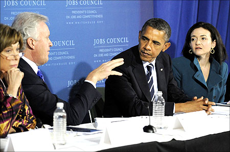 US President Barack Obama (2nd R) listens to council chairman, General Electric CEO Jeffrey Immelt (2nd L), Facebook COO Sheryl Sandberg (R).