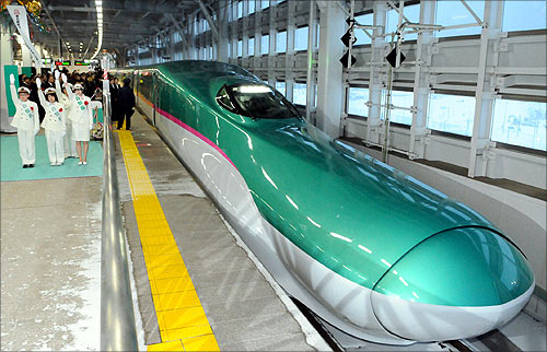 Hayabusa Shinkansen or bullet train departs from Aomori station in Aomori, northern Japan.