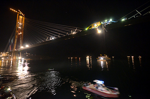 A view at night shows a bridge undergoing construction to link Russia's far eastern city of Vladivostok with Russky Island.