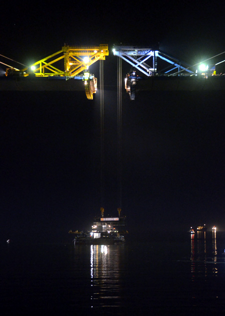 A view at night shows a bridge undergoing construction, to link Russia's far eastern city of Vladivostok with Russky Island.