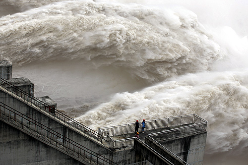 The Three Gorges Dam discharges water to lower the level in the reservoir in Yichang, Hubei province.