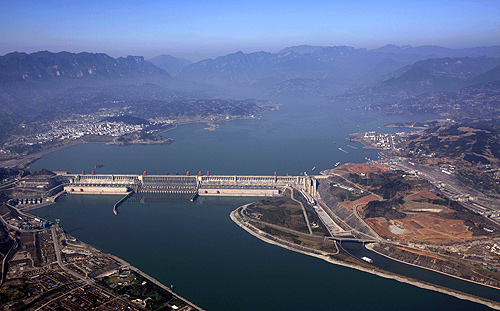 An aerial view shows the Three Gorges Dam on the Yangtze River in Yichang, Hubei province.