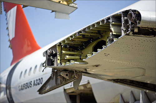 A dismantling Airbus plane is seen on the recycling yard of the Tarmac Aerosave company in Azereix near Tarbes, southern France.