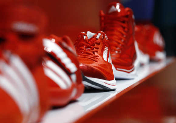 Adidas sport shoes Adizero are on display at the Adidas innovation laboratory in Herzogenaurach, Germany.