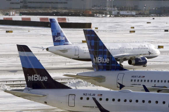 Jet Blue airplanes are see at JFK Airport in New York.