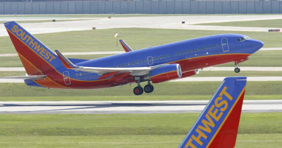 A Southwest Airlines plane takes off from Midway Airport in Chicago.
