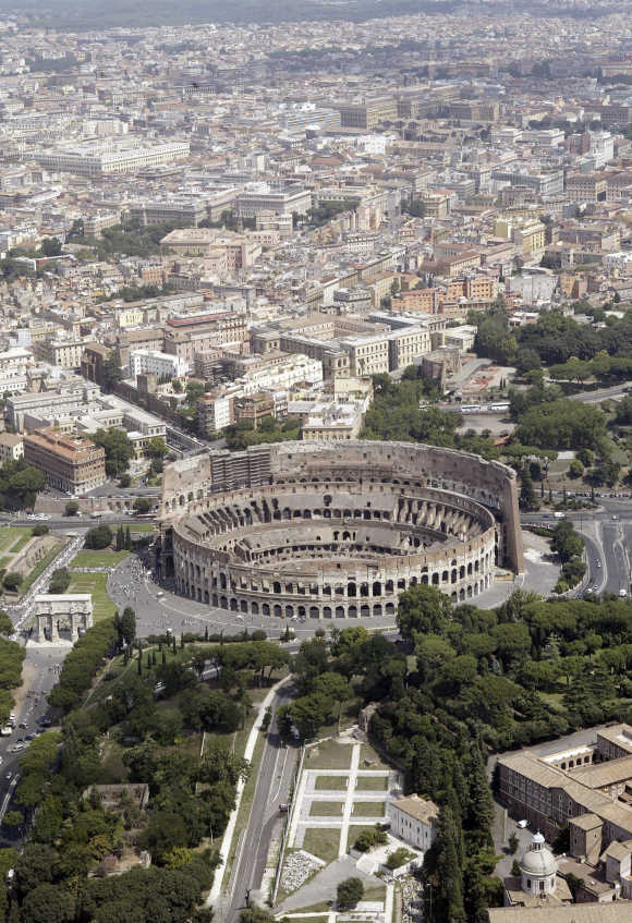 Rome's ancient Colosseum is seen from a helicopter.