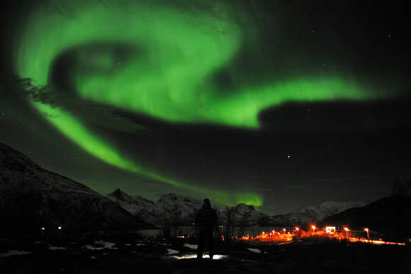 A view of the aurora borealis near the city of Tromsoe in Norway.