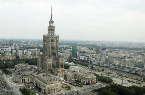 A view of the capital of Poland with the biggest structure in the city, the Palace of Culture, in Warsaw.