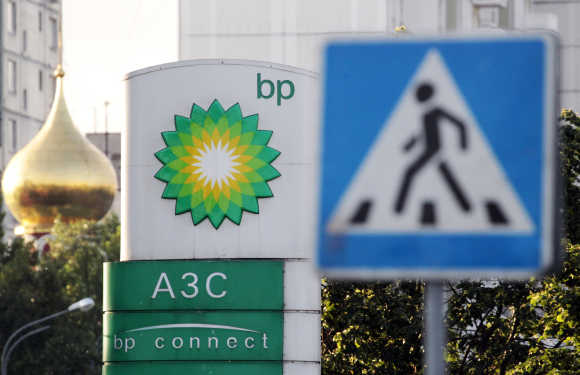 A sign board of a BP petrol station is seen in Moscow.
