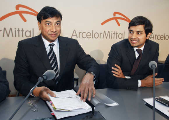 Chairman and Chief Executive Officer Lakshmi Mittal, left, and Chief Financial Officer Aditya Mittal, right, in Luxembourg.