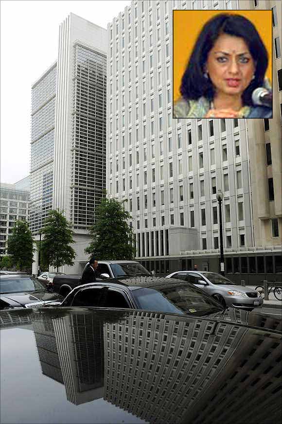 Kalpana Kochhar, inset, and World Bank building in Washington, DC.