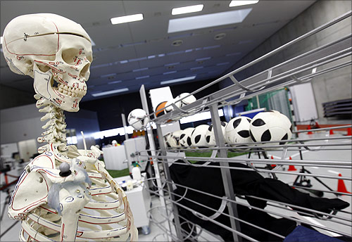 A skeleton and measurement instruments are pictured at the Adidas innovation laboratory in Herzogenaurach.