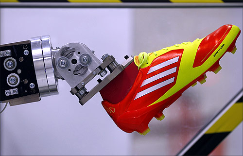 A robotic leg is pictured at the Adidas innovation laboratory in Herzogenaurach.