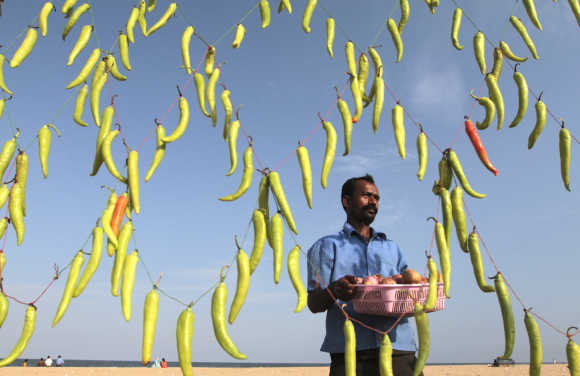 A vendor carries a basket containing onions and potatoes to prepare Chilli Bhaji, a local cuisine, at his stall decorated with green chillies to attract customers, in Chennai.