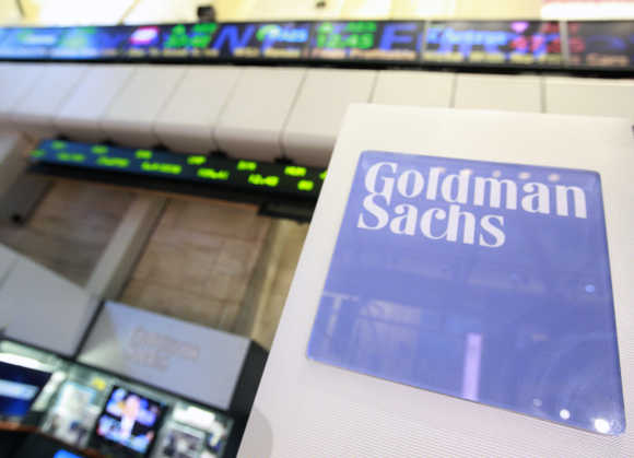 A Goldman Sachs sign is seen on the floor of the New York Stock Exchange.
