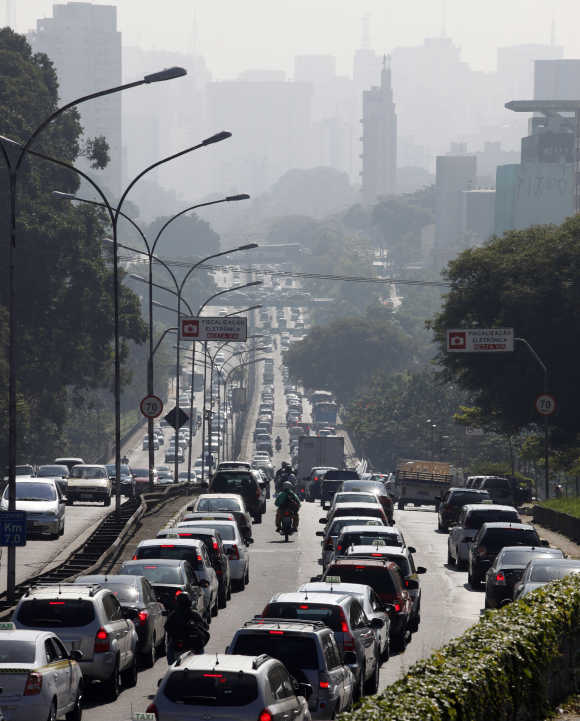 A traffic jam is seen at the main avenue in Sao Paulo.