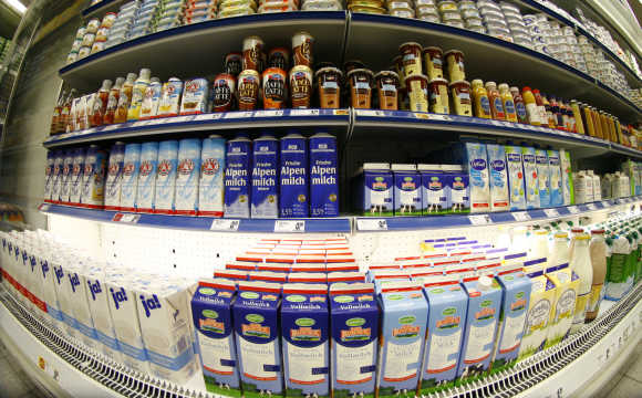 Dairy products are on display at a supermarket in Berlin.
