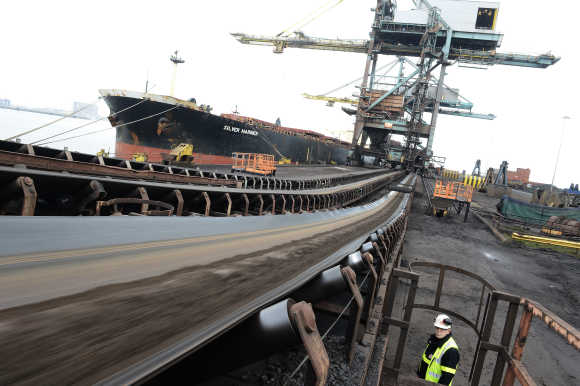 Iron ore from Brazil is delivered to SSI steel plant at Redcar in northern England.