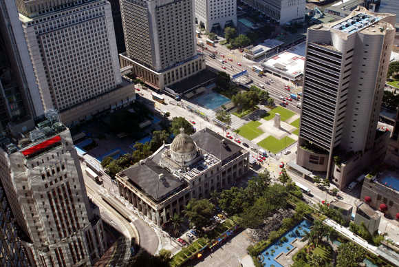 An aerial view shows the Legislative Council building, centre, located in Hong Kong's Central business.