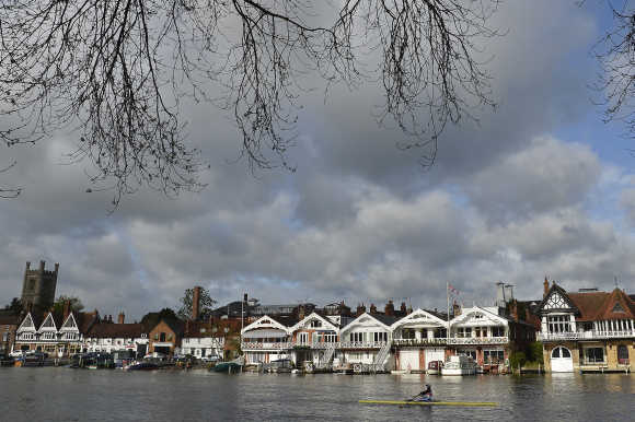 A rower trains on the River Thames at Henley in south east England.