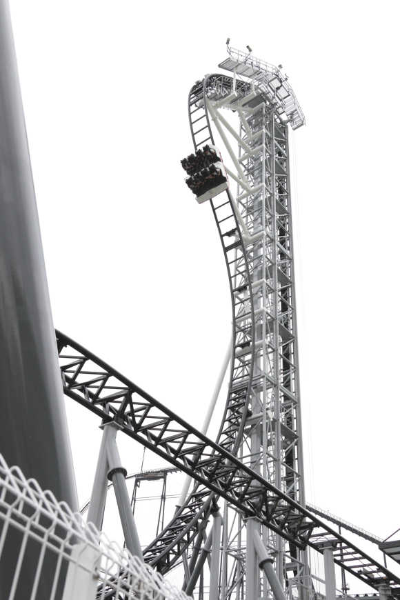 The world's steepest roller coaster 'Takabisha', with a free falling angle of 121 degrees, is seen at Fuji-Q Highland amusement park in Fujiyoshida, west of Tokyo.
