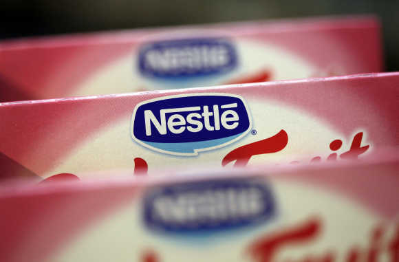 Boxes of baby food are seen in the company supermarket at the Nestle headquarters in Vevey, Switzerland.