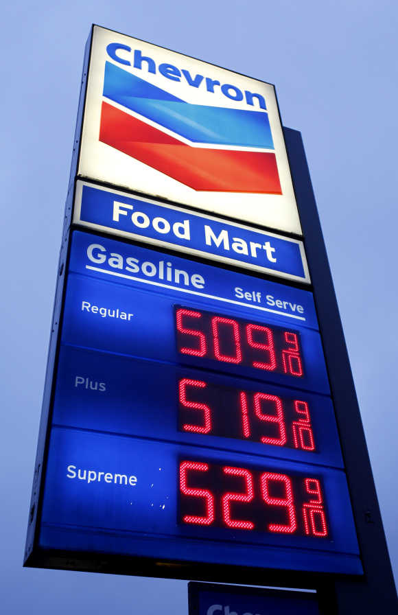 Petrol is priced over five dollars per gallon at a Chevron petrol station in downtown Los Angeles.